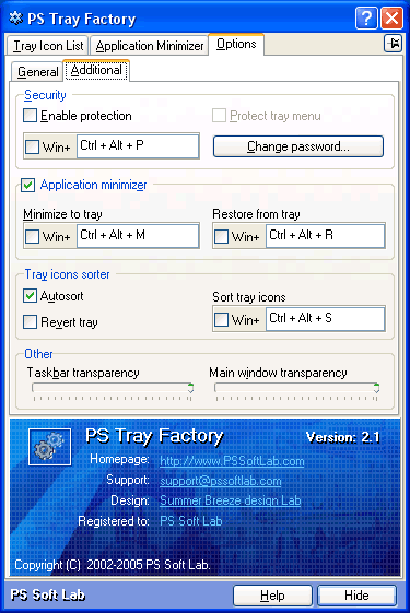 Additional advanced options of PS Tray Factory system tray manager