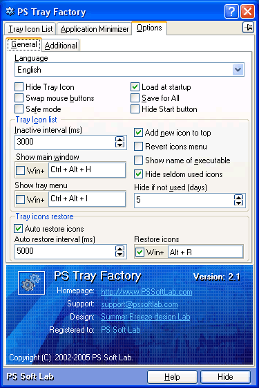 General options of PS Tray Factory system tray manager