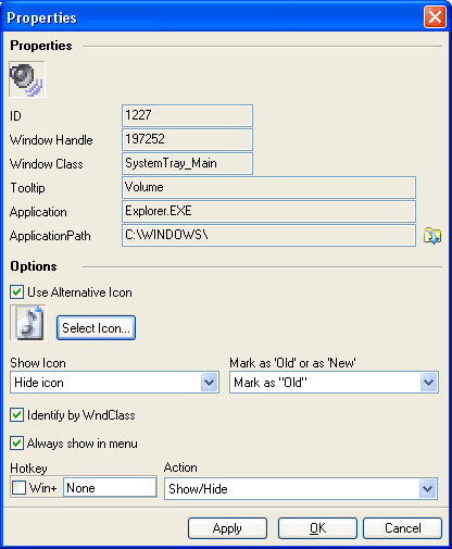 System tray icon properties dialog for changing icons
